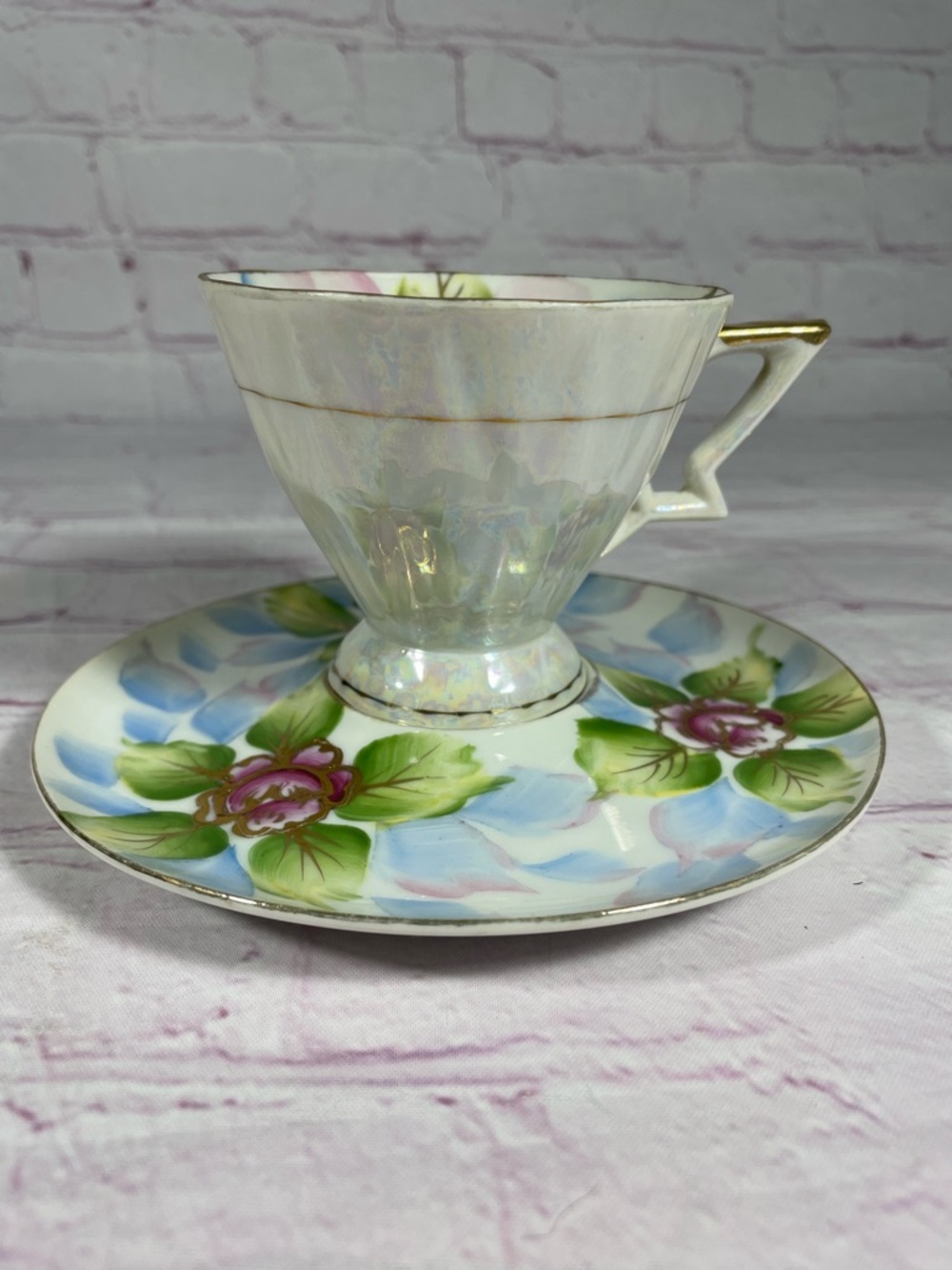 Vintage Royal Carlton 7865 Iridescent Floral Gold Trim Footed Teacup and Saucer